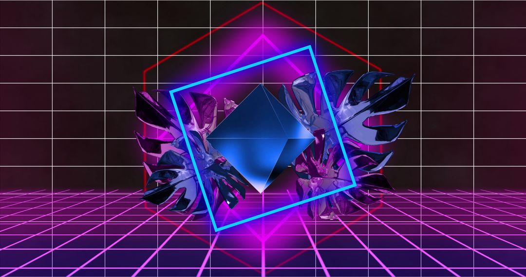 Futuristic Neon Geometric Shapes on Retro Grid Background