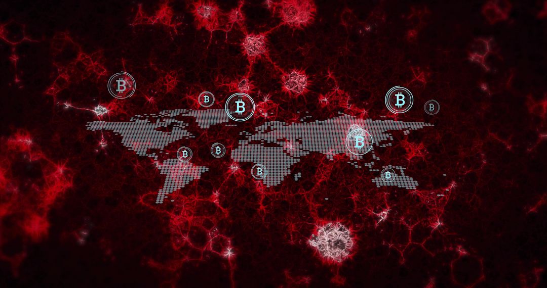 Digital Blockchain Global Connectivity with Bitcoin Sign on Stylized World Map