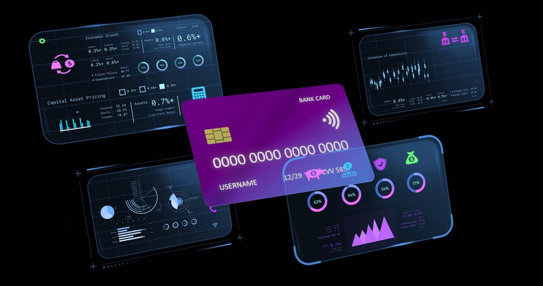 Digital Analysis with Bank Card and Financial Charts on Black Background