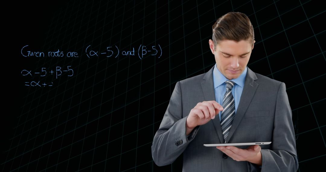 Businessman Analyzing Digital Tablet with Floating Equations
