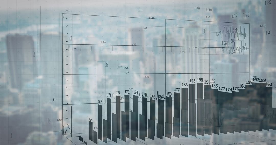 Cityscape with Superimposed Financial Data Graphs