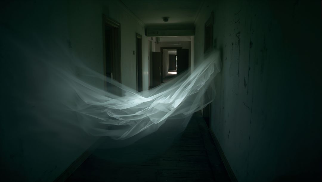 Ghostly Fabric Floating in Abandoned Corridor
