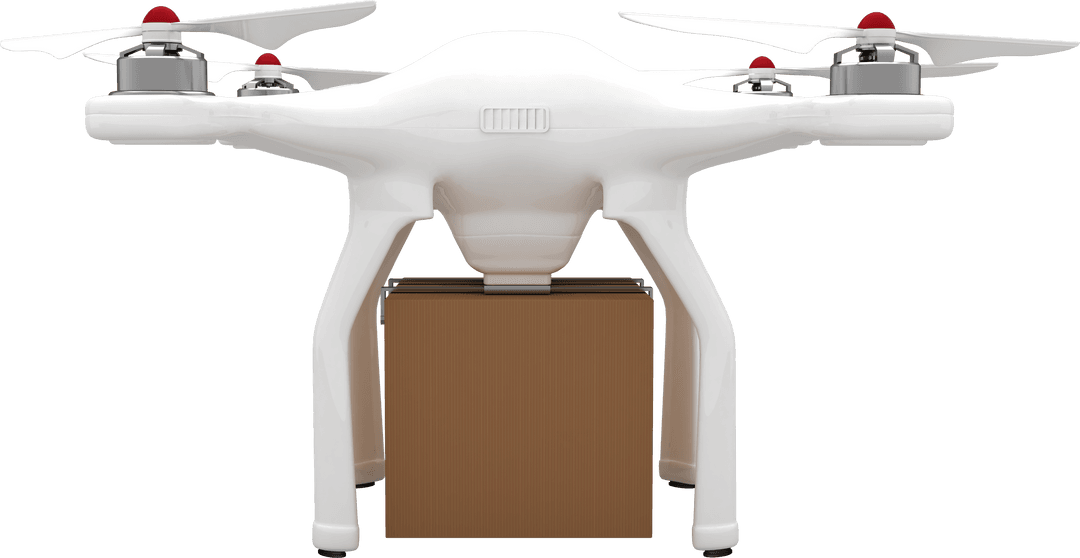 Transparent Drone Delivering Box, White Quadcopter with Parcel
