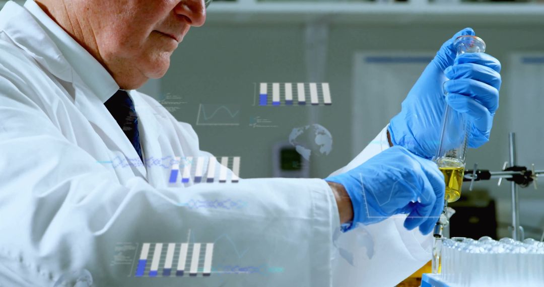 Scientist Analyzing Sample in Laboratory with Digital Data Graphics