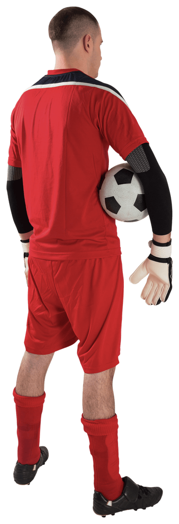 Goalkeeper in Red Kit Holding Ball on Transparent Background