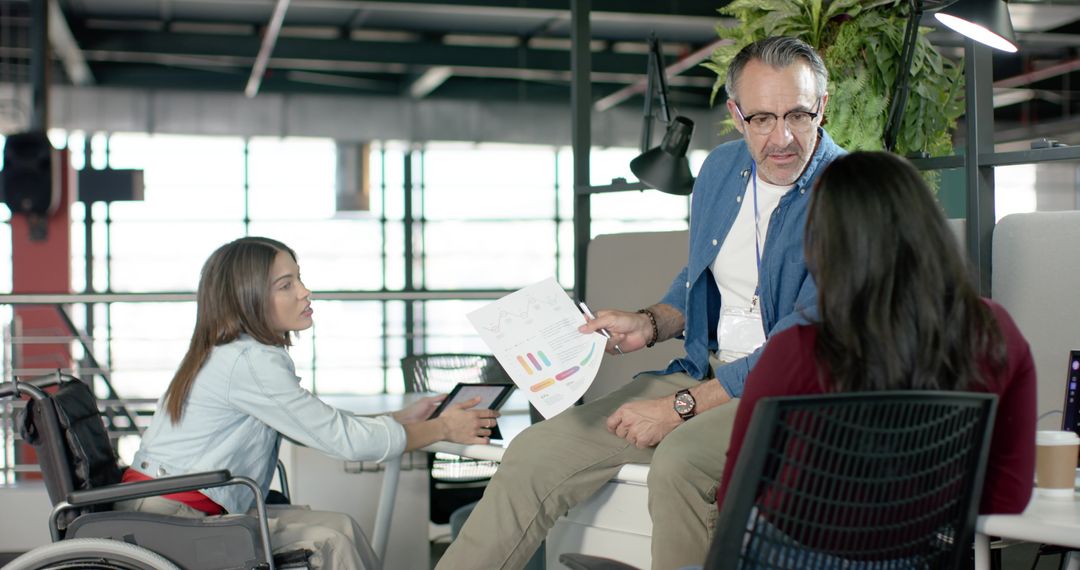 Inclusive team meeting with wheelchair user reviewing charts and tablet in modern office