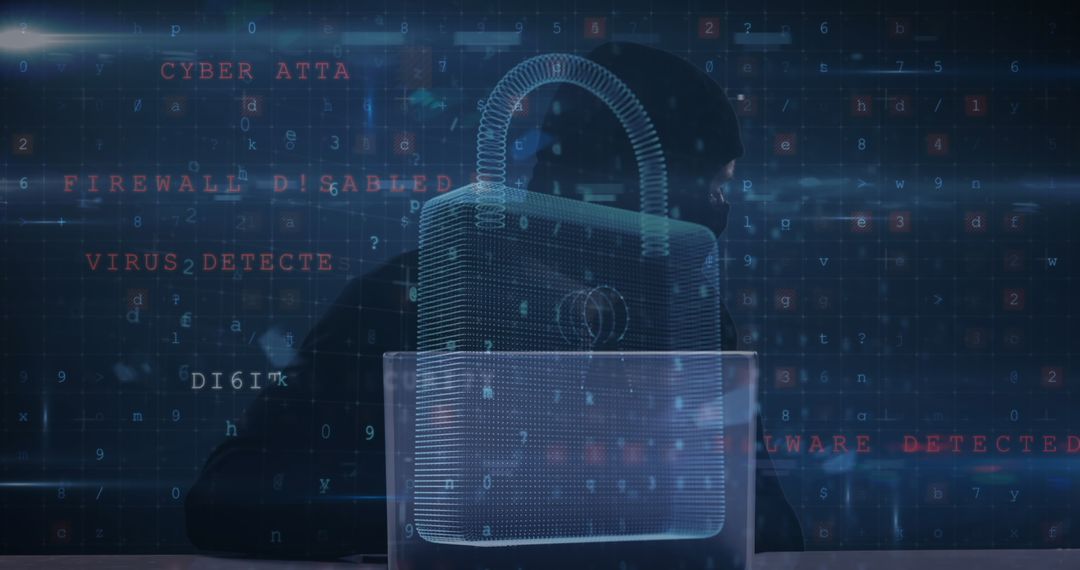 Digital security with hacker behind encrypted data screen