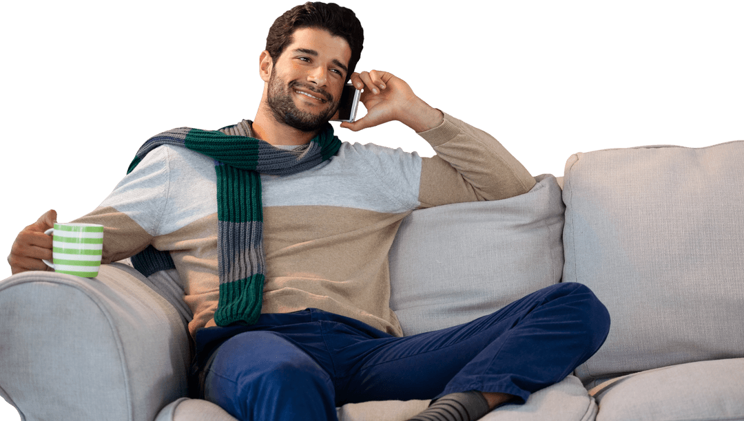 Smiling Man on Sofa in Casual Wear with Coffee Cup on Transparent Background