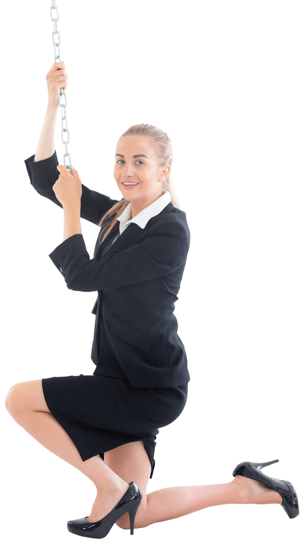 Transparent Businesswoman in Suit Pulling Chain Concept
