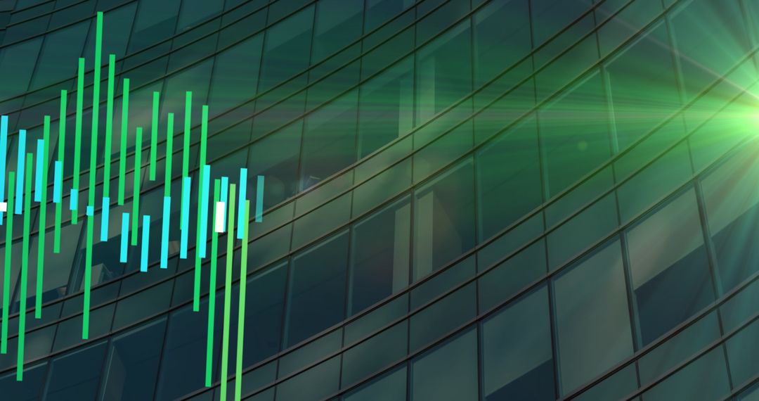 Futuristic Data Overlay on Modern Glass Building with Green Hues