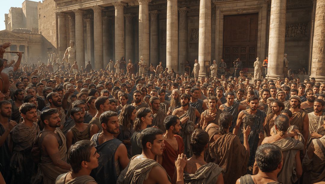 Mass Gathering of Tunic-Clad Citizens Assembling in Monumental Ancient Forum