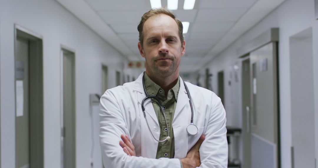 Confident Doctor Standing in Hospital Corridor with Stethoscope - Free Images, Stock Photos and Pictures on Pikwizard.com