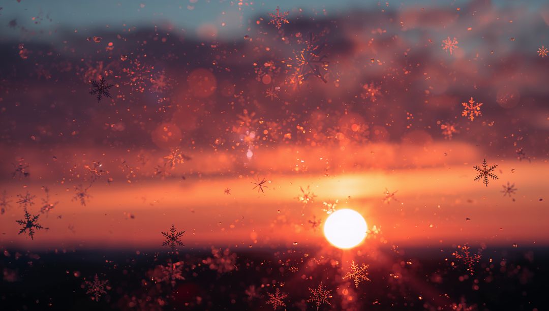Sunset Through Frosted Glass With Snowflake Bokeh and Warm Twilight Horizon Glow