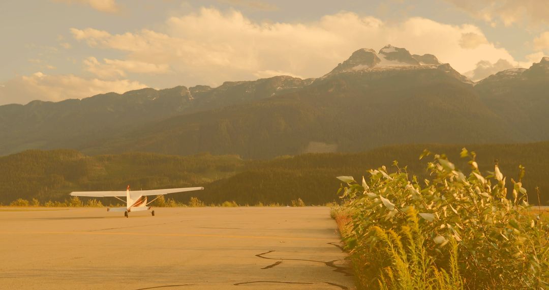 Single-engine propeller plane taxiing on alpine airstrip with golden grasses and rugged peaks