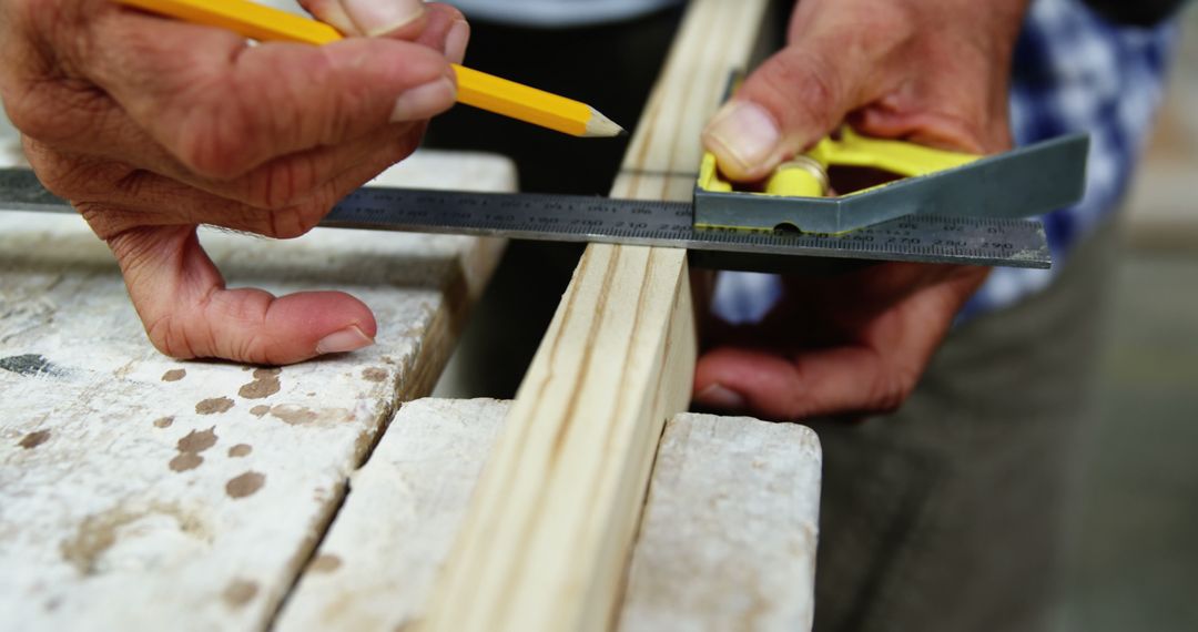 Carpenter Measuring Wooden Plank with Precision - Free Images, Stock Photos and Pictures on Pikwizard.com