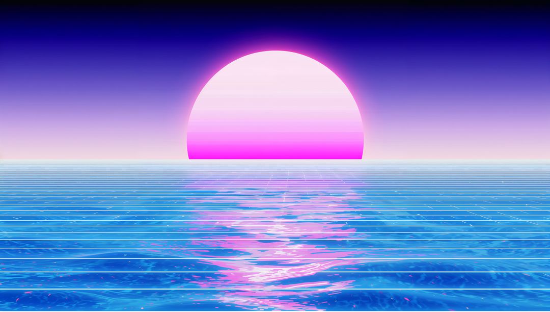 Neon Pink Sun Setting Over Retro Futuristic Ocean with Grid Lines and Vaporwave Glow