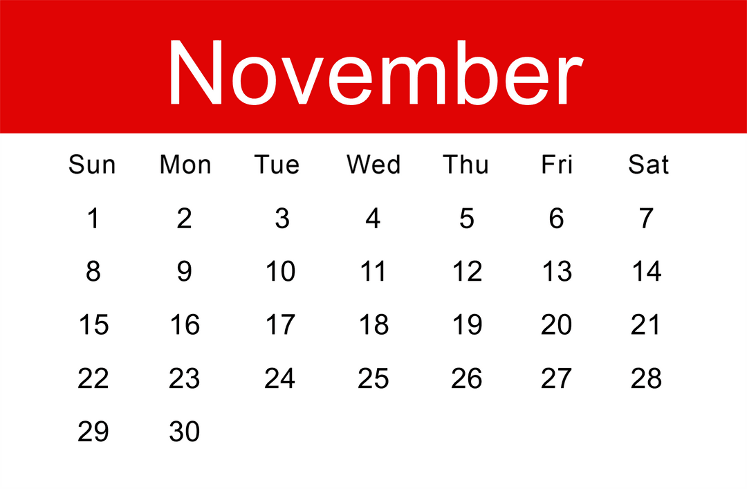 November Calendar Page with Transparent Background Vector Illustration