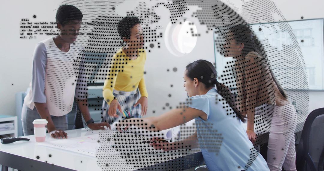 Diverse team collaborating around table with digital globe data overlay in modern office