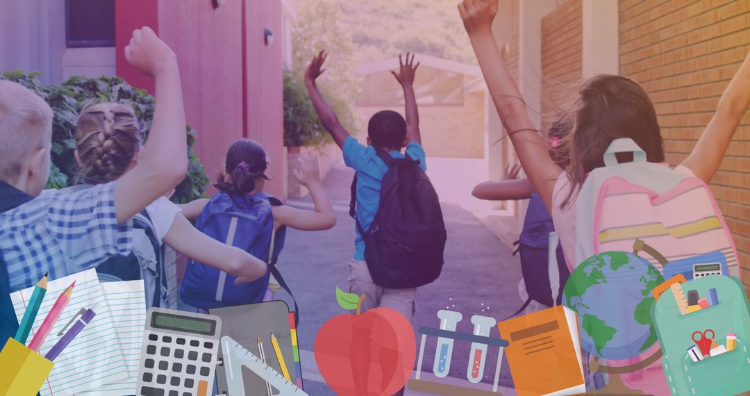 Joyful Students Running with Backpacks Outside School Building