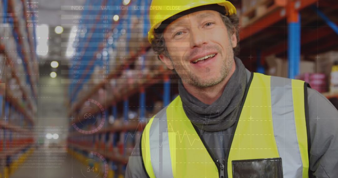 Warehouse Worker in Fluorescent Vest Overlaid with Data Graphics