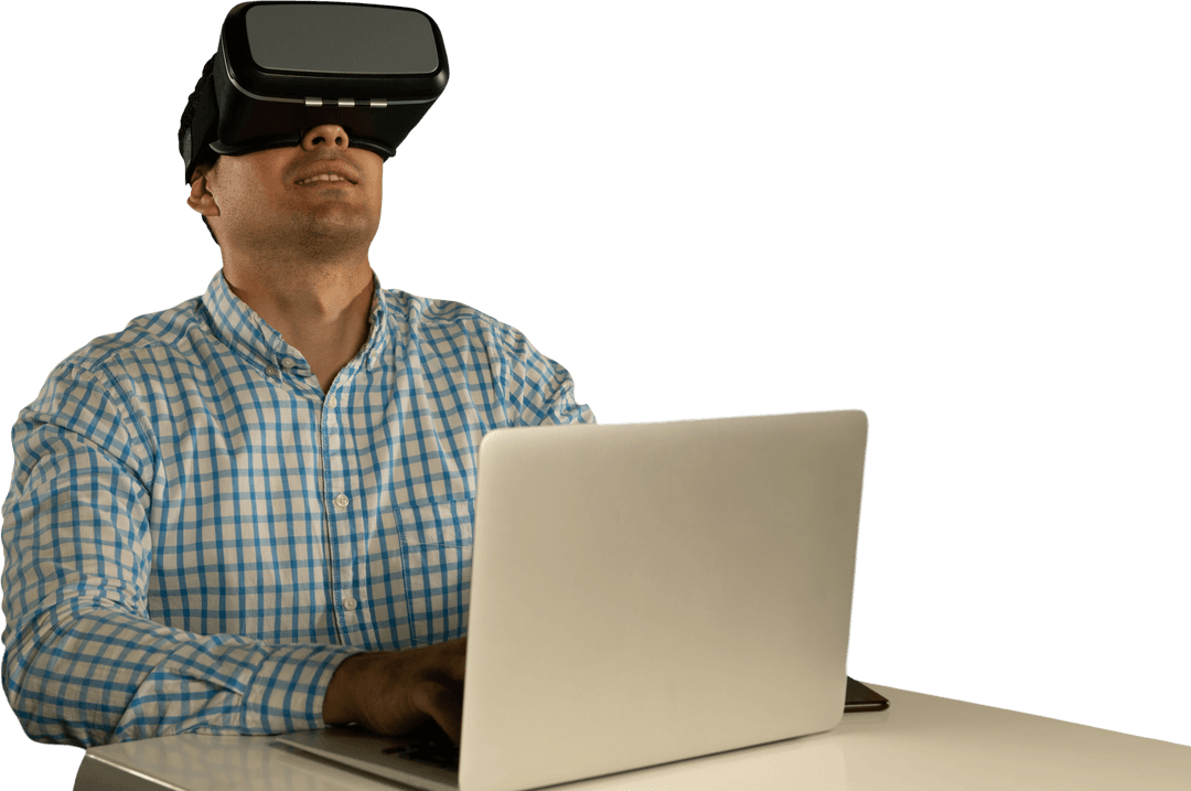 Caucasian Man Using VR Headset with Laptop on Transparent Background