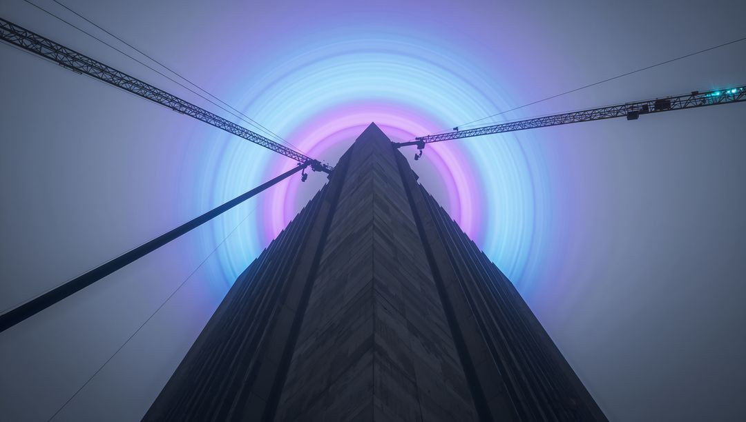 Concrete tower core soaring into fog with neon halo and intersecting construction cranes