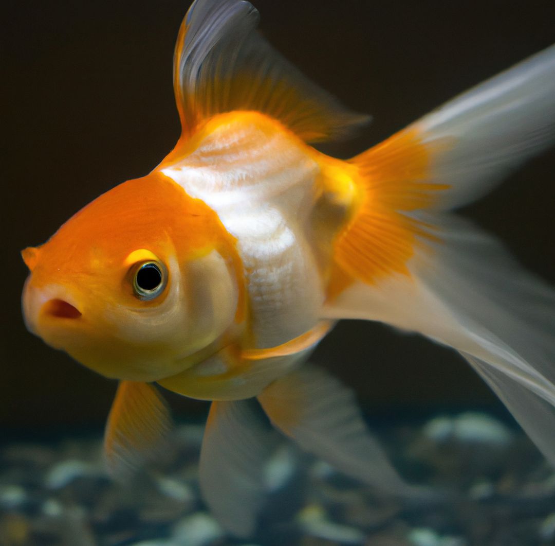 Image of close up of gold fish swimming in tank on dark background - Free Images, Stock Photos and Pictures on Pikwizard.com