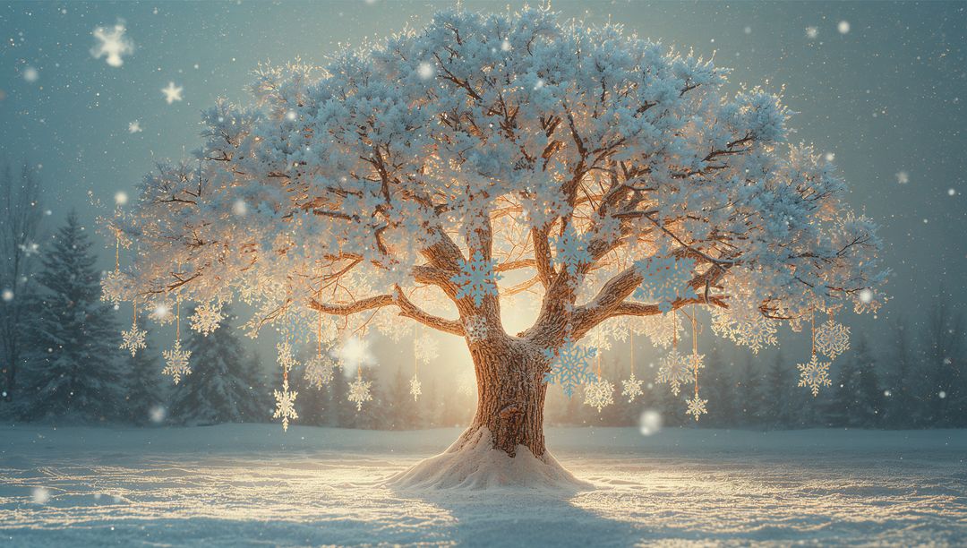 Enchanted Winter Tree with Glowing Snowflake Ornaments at Dawn