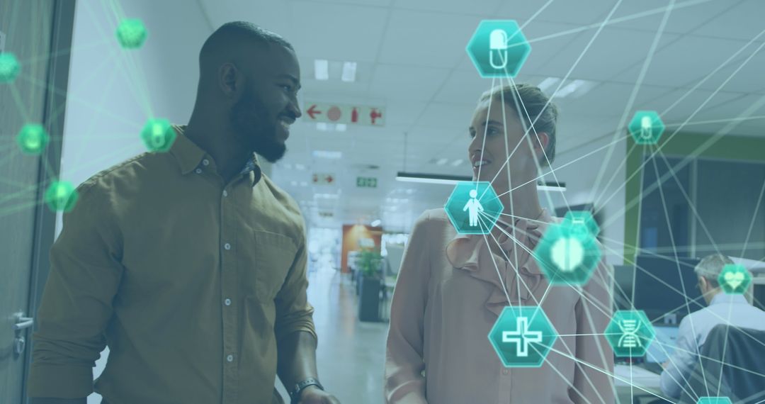 Diverse Team Discussing Strategies with Digital Global Communication Overlay