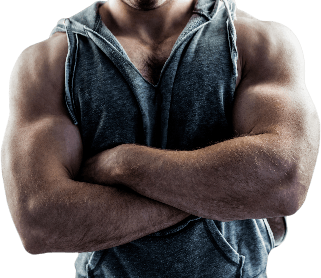 Muscular Bodybuilder Crossing Arms in Transparent Tank Top