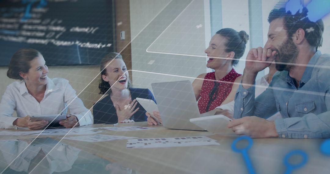 Business Professionals Collaborating with Digital Data Overlay