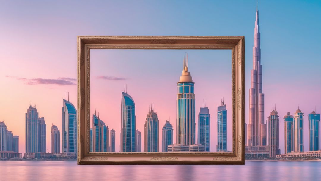 Elegant Frame Reflecting Dubai Skyscrapers over Calm Waters at Dawn