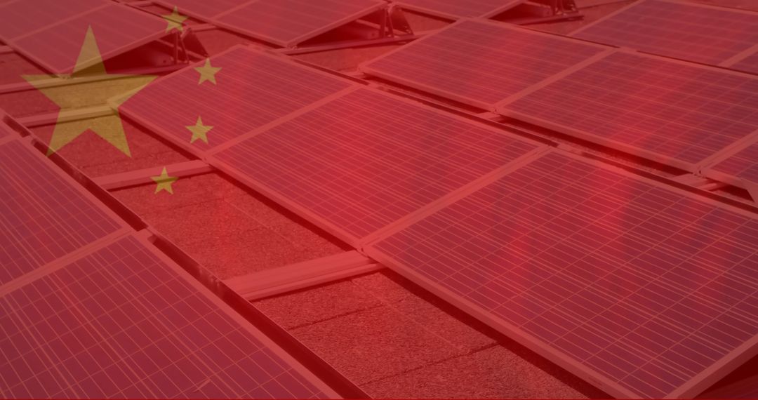 Workers Installing Solar Panels with Chinese Flag Overlay
