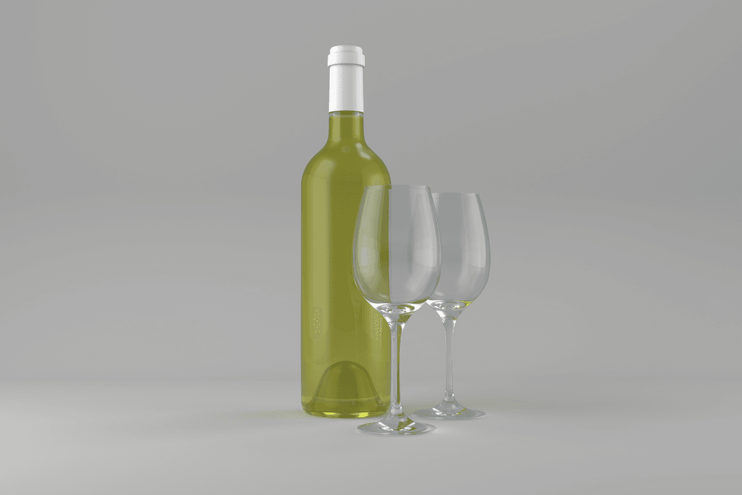 Transparent Green Wine Bottle with Two Empty Glasses