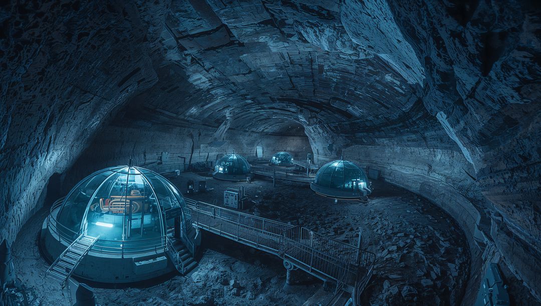 Futuristic Subterranean Dome Habitat with Glowing Consoles and Elevated Catwalks