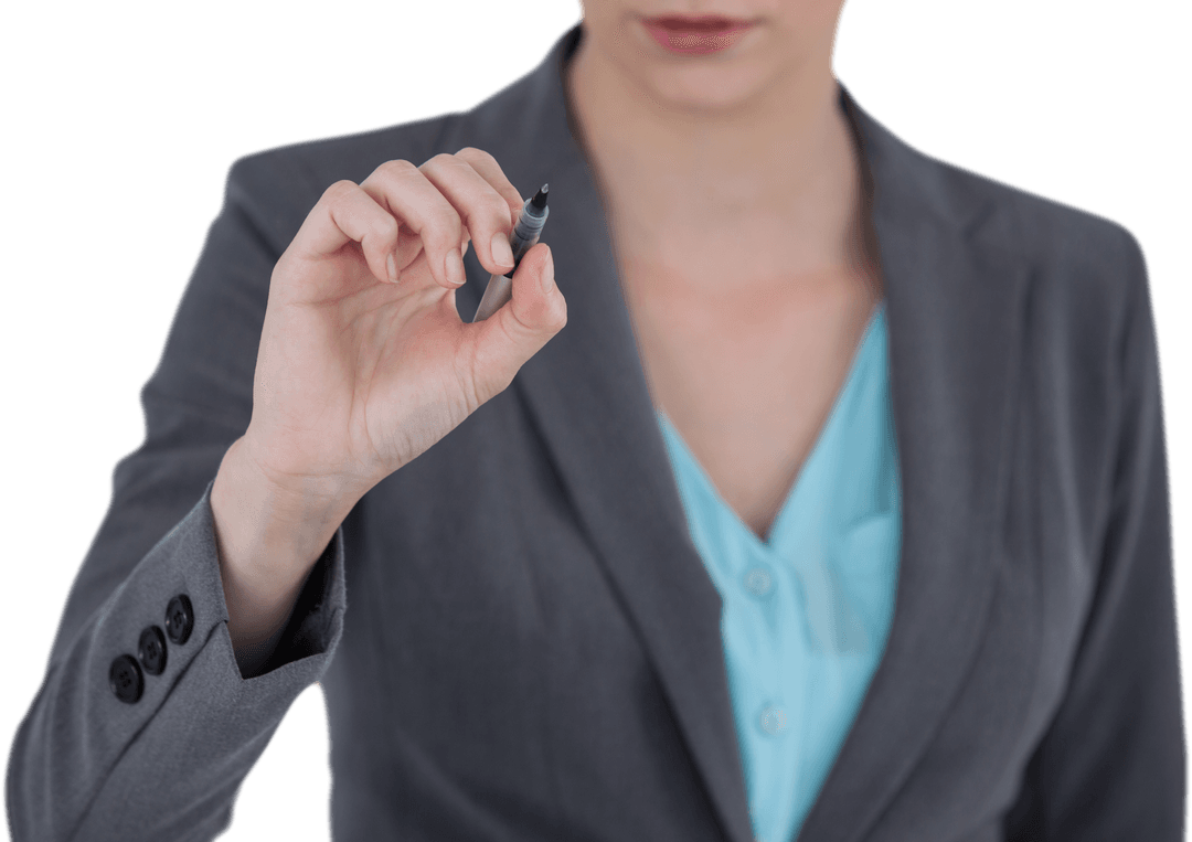 Transparent Businesswoman Using Stylus on Invisible Screen