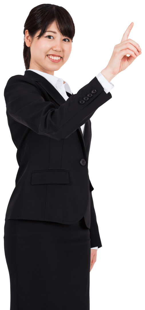 Smiling Asian Businesswoman Pointing Towards Success Transparent Background