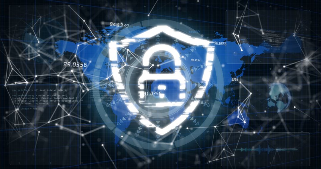 Cybersecurity Shield on Digital World Map Interface