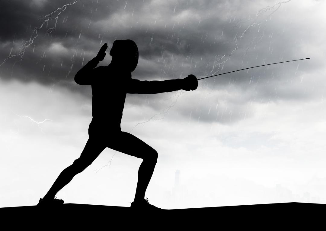 Silhouette of Fencer Practicing in Rainy Weather - Free Images, Stock Photos and Pictures on Pikwizard.com
