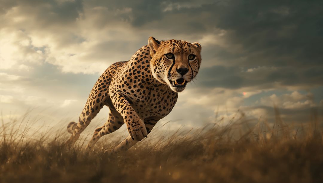 Cheetah Sprinting Across African Savannah at High Speed
