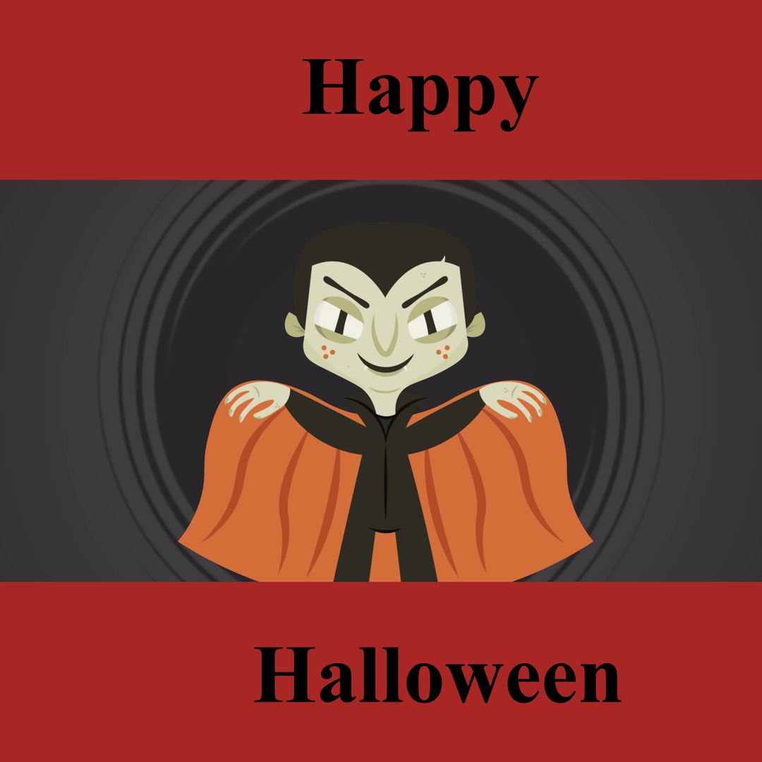 Happy halloween text on red with smiling vampire character in cape on dark grey - Download Free Stock Templates Pikwizard.com