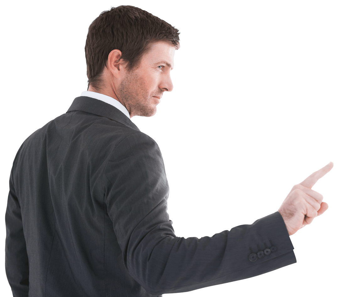 Transparent Confident Businessman Pointing Assertively in Suit