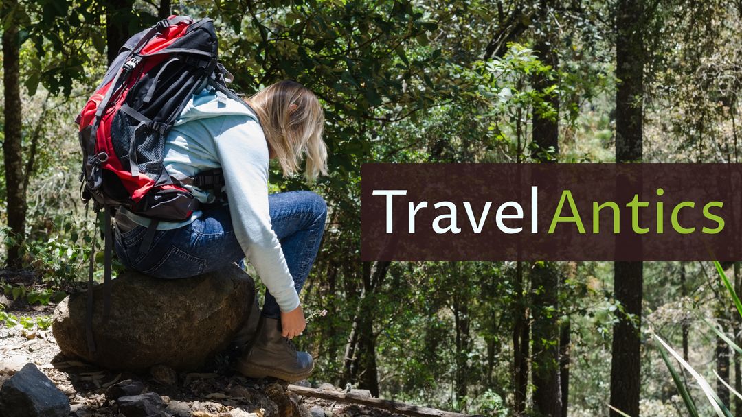 Woman Wearing Backpack Sitting on Rock with Travel Antics Text in Forest - Download Free Stock Templates Pikwizard.com
