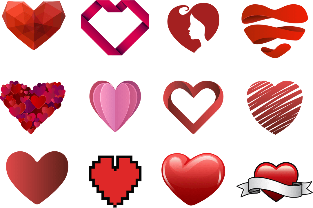 Diverse Heart Icons on Transparent Background for Love Compositions