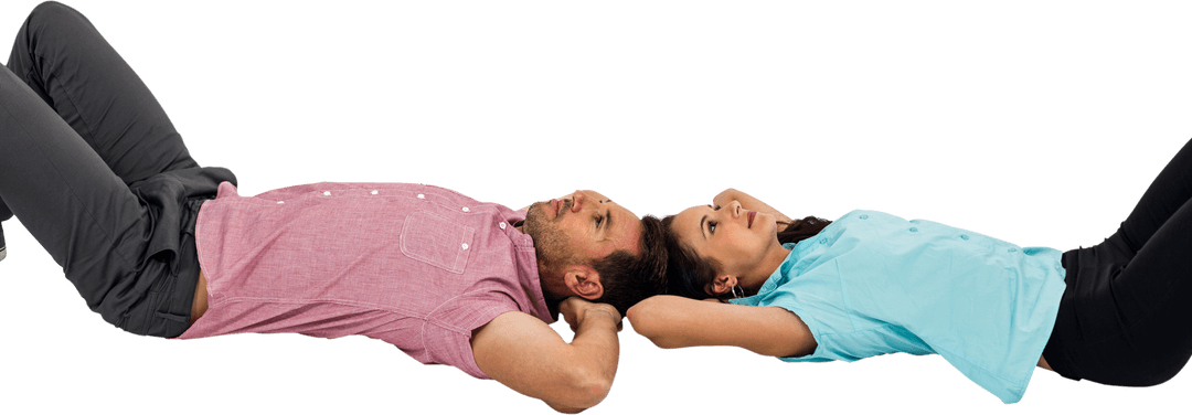Transparent Couple Relaxing with Hands Behind Heads