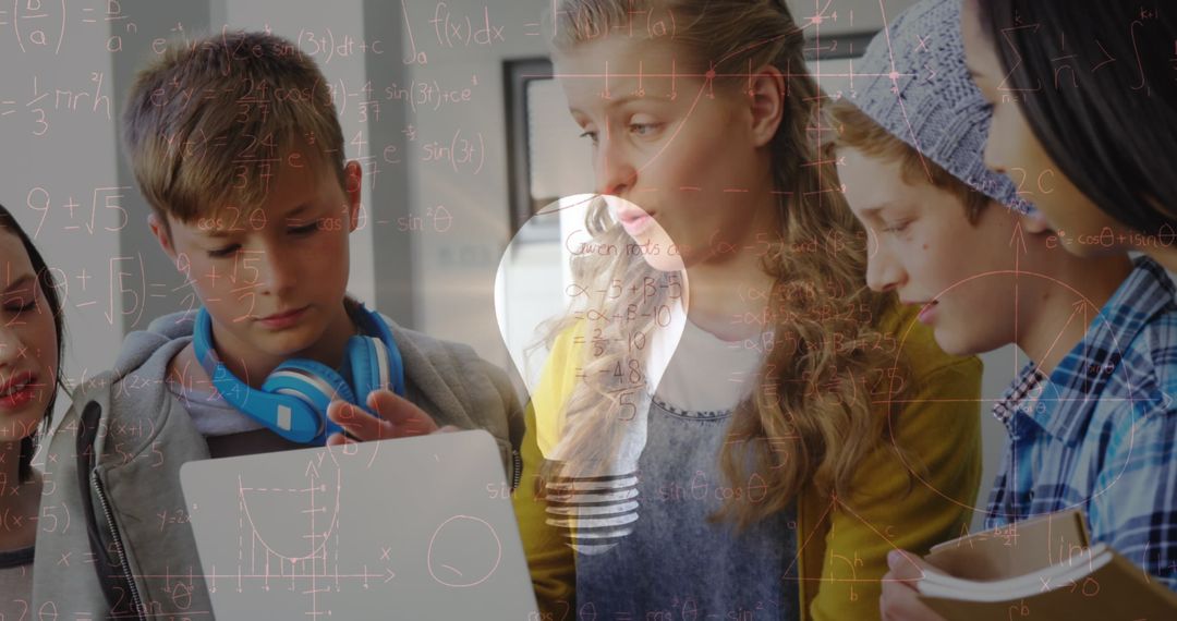 School Children Solving Math Problems with Laptop in Classroom