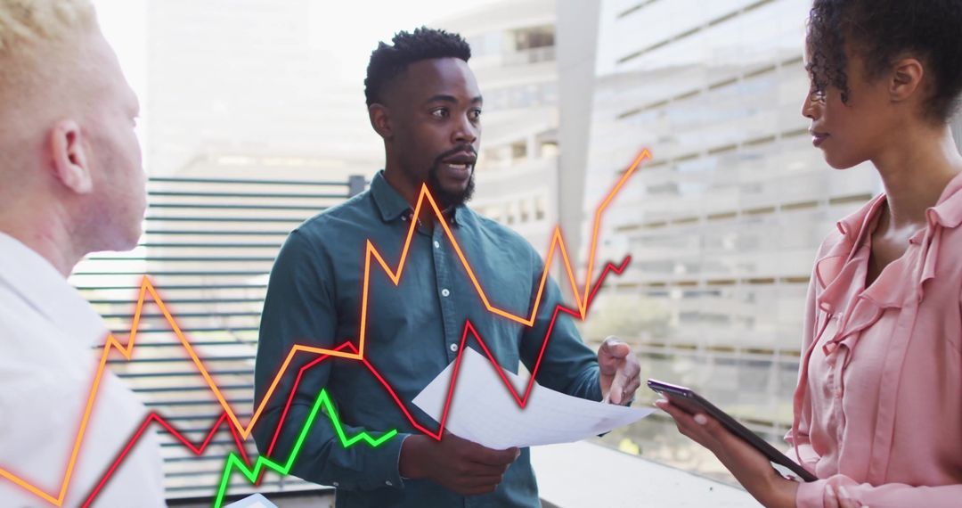 Business Team Analyzing Chart Overlays on Urban Terrace