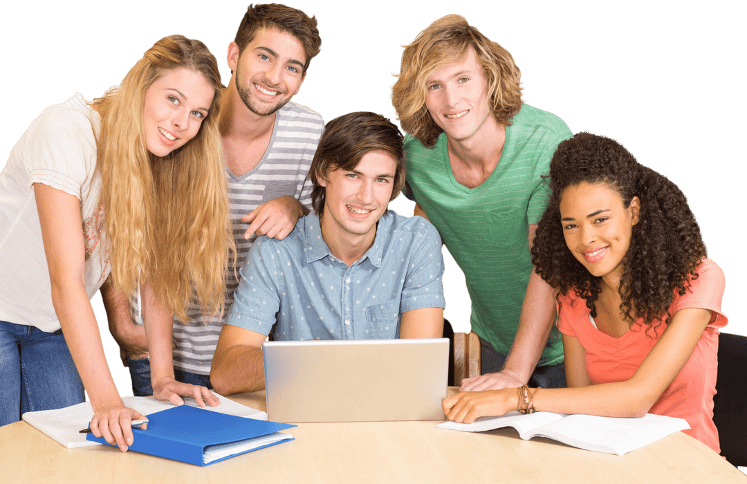 Diverse Group of Students Collaborating with Laptop on Transparent Background