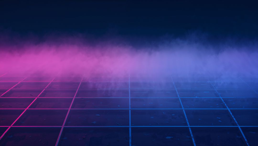Glowing Neon Grid Stretching to Foggy Horizon on Reflective Tiled Floor