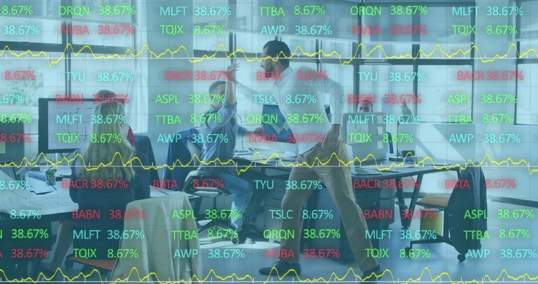 Diverse Team Analyzing Financial Data Overlaid With Global Trends